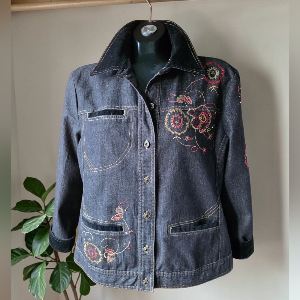 Vintage Y2K Lana Sport Floral Black Denim Embroidered Jacket With Velvet Trim